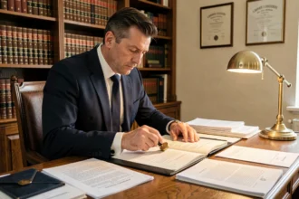 Notaire à Limoges apposant un cachet officiel sur un contrat dans son étude