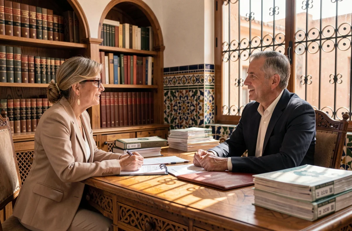 Acheteuse étrangère en réunion avec un notaire marocain dans un bureau traditionnel pour la signature d'actes de propriété d'un riad à Marrakech