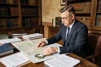 Notaire examinant un plan cadastral de parcelle sur un bureau en bois dans un office notarial traditionnel
