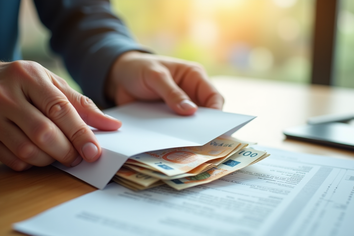 Mains ouvrant une enveloppe avec des billets d