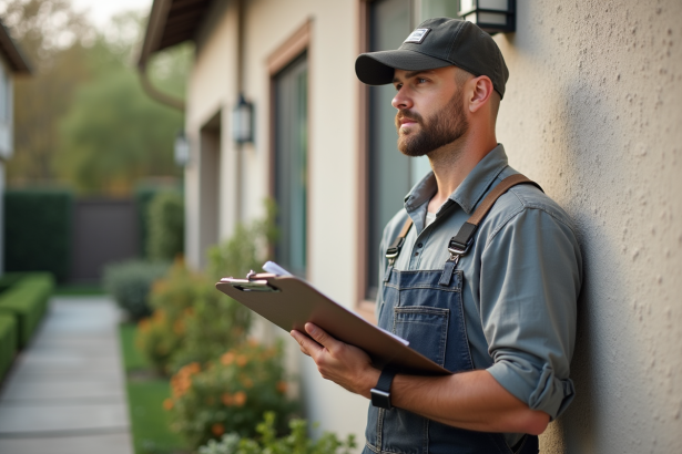 Ouvrier en extérieur examinant la façade d'une maison