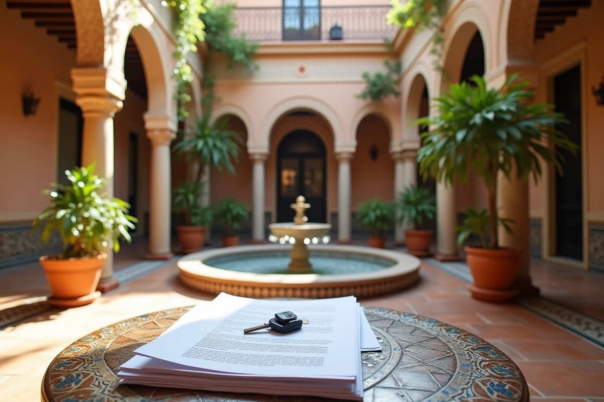 Patio intérieur d'une villa à Marrakech avec fontaine en zellige et documents fonciers sur table