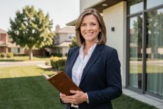 Agent immobilière professionnelle Patricia devant une maison moderne, tenant un portfolio en cuir, sourire confiant