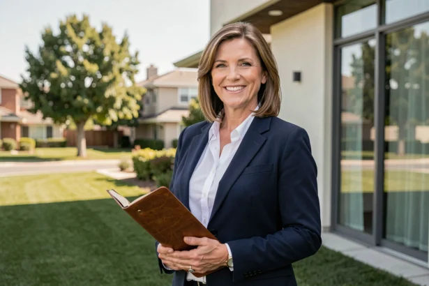 Agent immobilière professionnelle Patricia devant une maison moderne, tenant un portfolio en cuir, sourire confiant