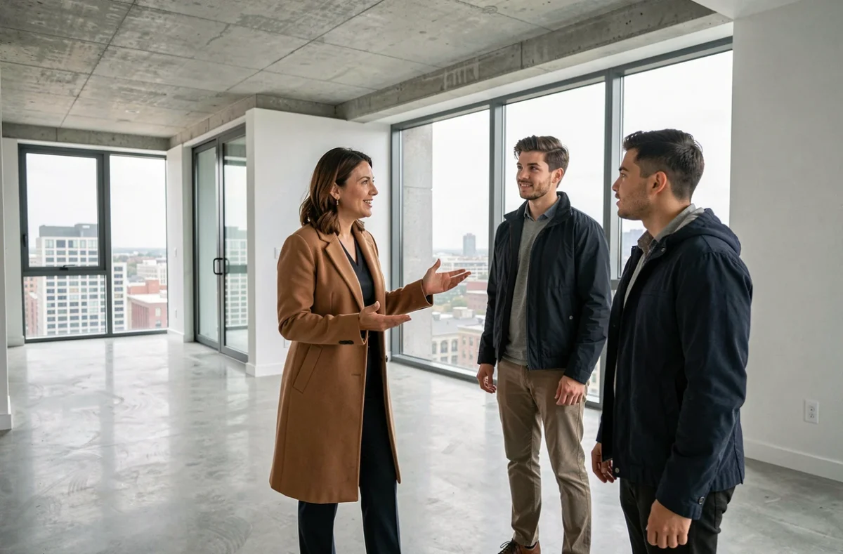 Agente immobilière faisant visiter un appartement moderne à un couple d'acheteurs potentiels