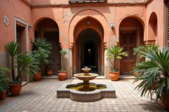 Cour intérieure d'un petit riad à vendre à Marrakech nécessitant des travaux de rénovation, avec fontaine en zellige usée et murs en pisé