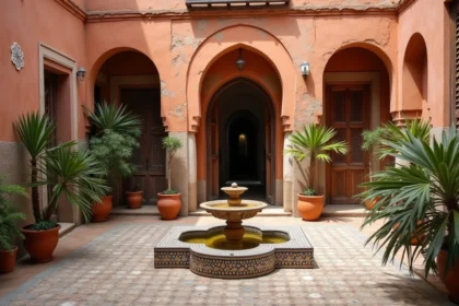 Cour intérieure d'un petit riad à vendre à Marrakech nécessitant des travaux de rénovation, avec fontaine en zellige usée et murs en pisé