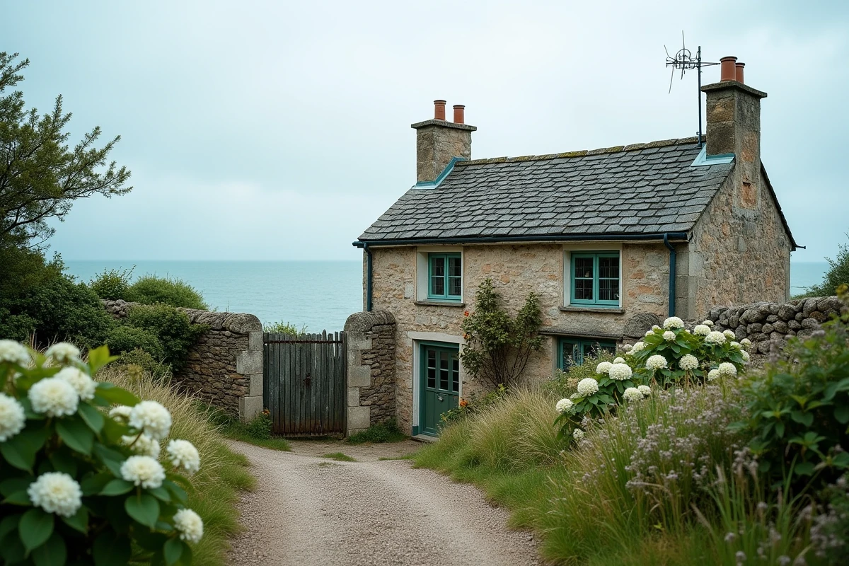 Petite maison normande en bord de mer avec signes d'usure côtière et vue panoramique sur l'océan depuis le jardin