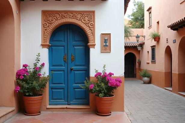 Facade d'une petite villa traditionnelle à Marrakech avec porte en bois sculpté et bougainvillées