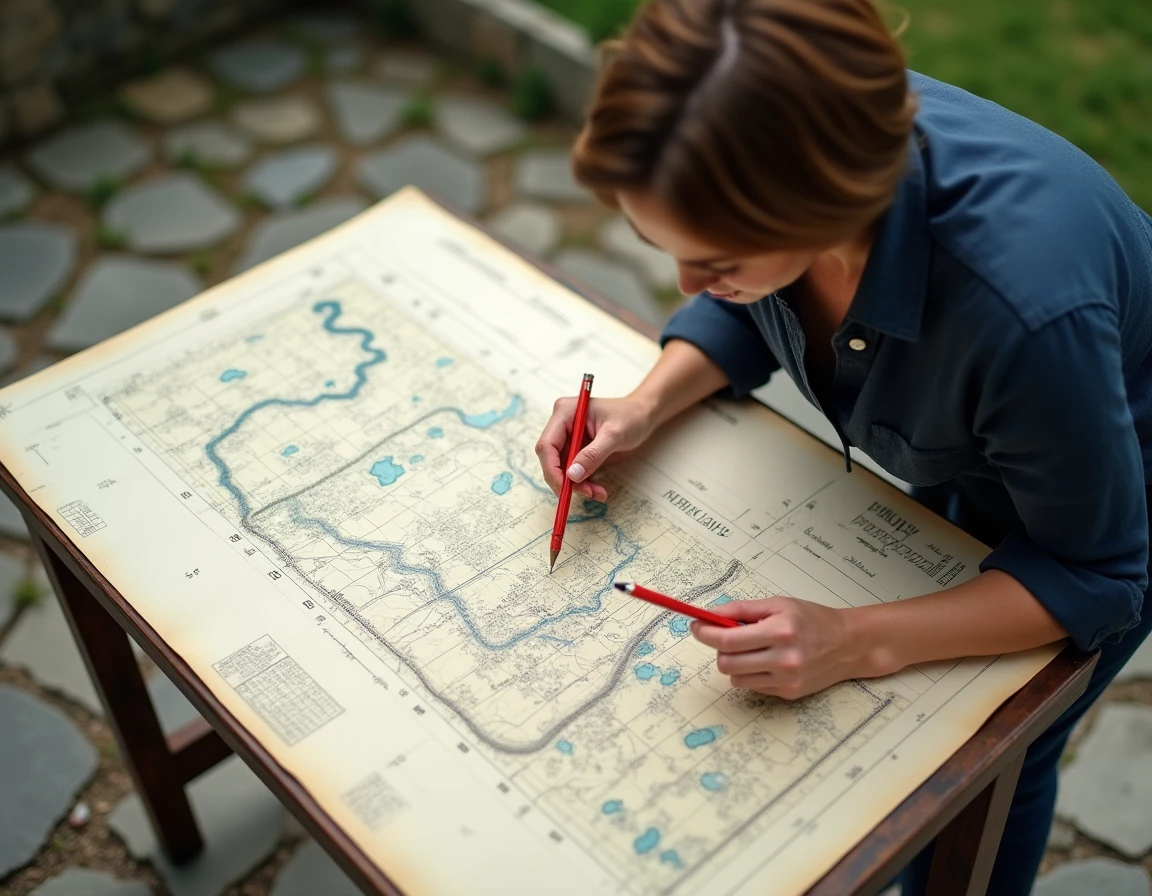 Femme analysant un plan cadastral avec servitudes et accès d'un étang sur une table en extérieur