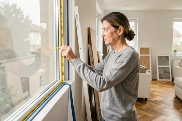 Femme préparant son logement pour un DPE en posant des joints d'isolation sur une fenêtre