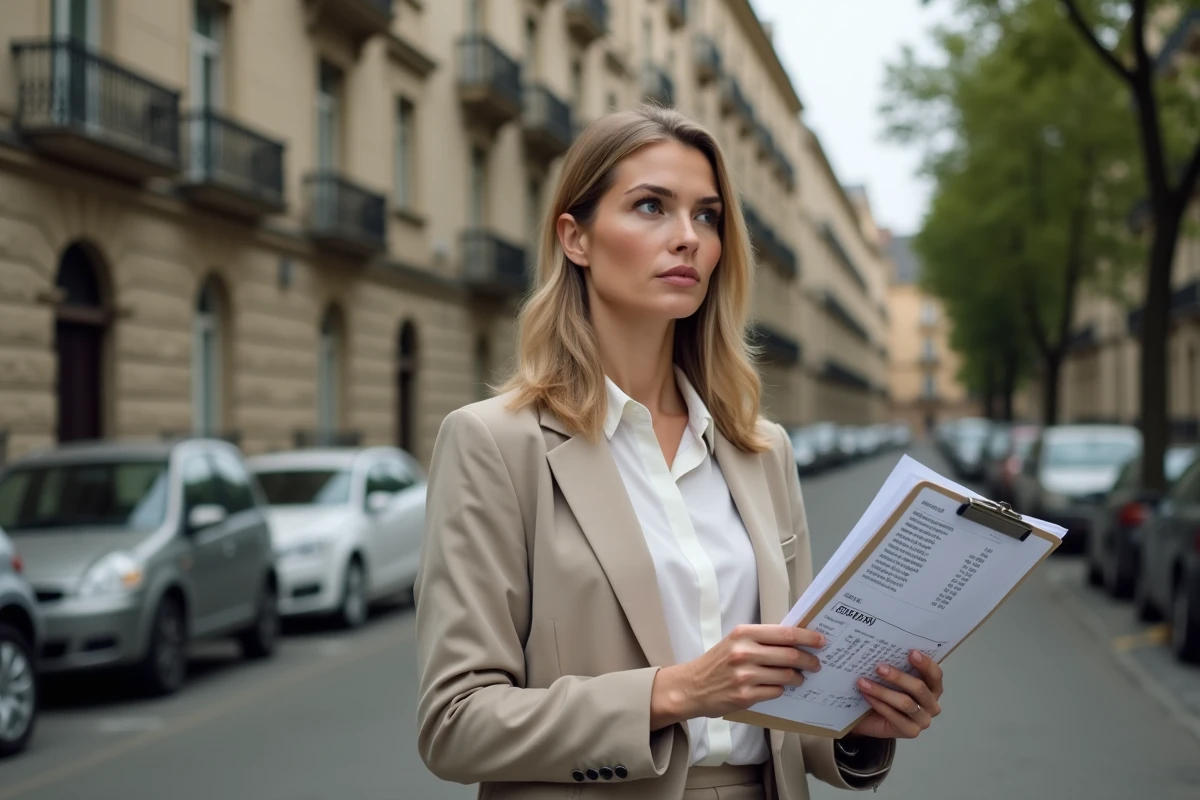 Professionnelle de l'immobilier évaluant un immeuble de rapport avec des calculs de rendement locatif