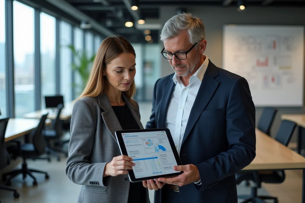 Deux professionnels de l'immobilier analysant un tableau de bord de gestion de mandats sur tablette dans un espace de coworking