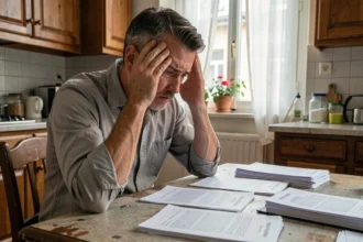Propriétaire stressé face à des documents de loyers impayés sur une table d'appartement