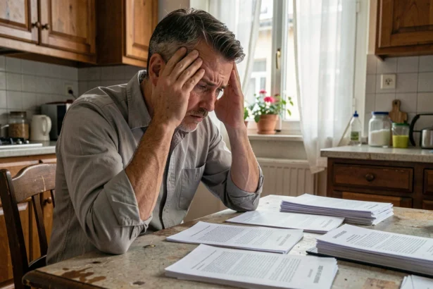 Propriétaire stressé face à des documents de loyers impayés sur une table d'appartement