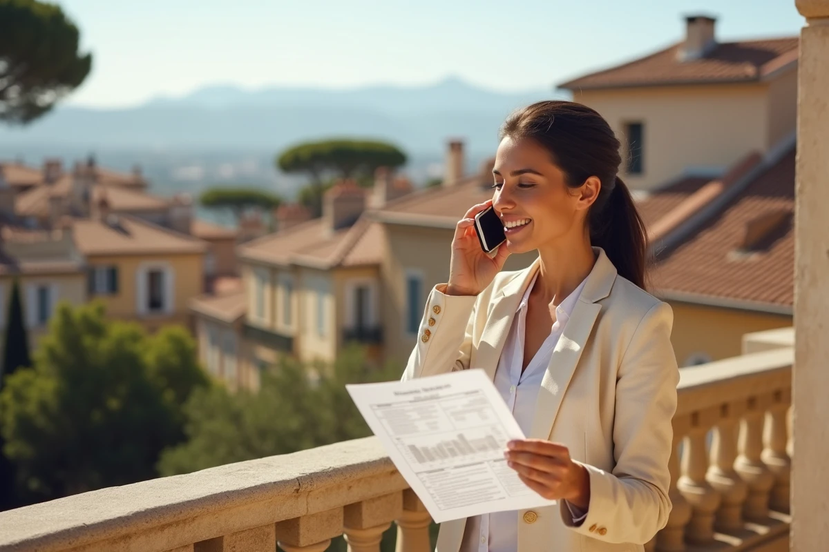 Propriétaire téléphonant à un agent immobilier devant les toits d'Aix-en-Provence pour organiser la vente de son bien