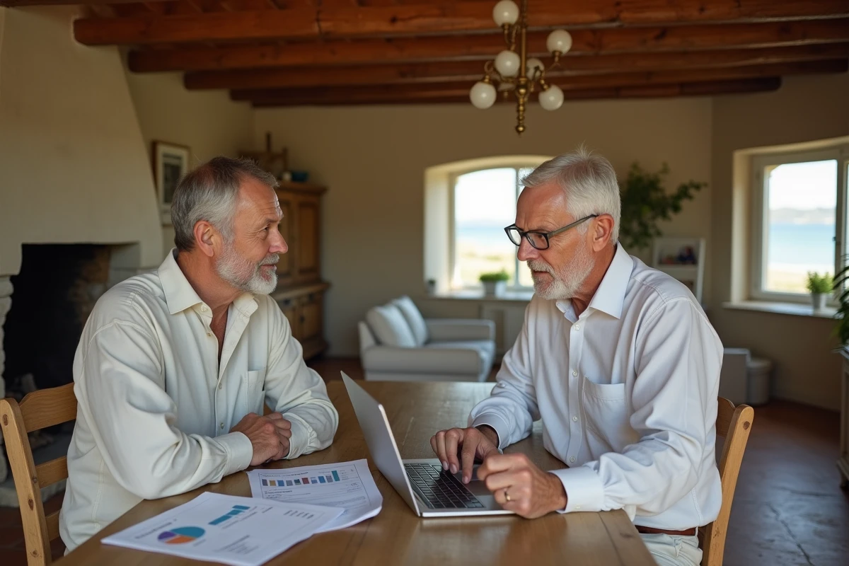 Couple de propriétaires consultant les revenus locatifs de leur maison normande en bord de mer à l'intérieur d'un intérieur rustique rénové