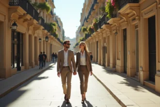 Couple se promenant dans un quartier chic de Marseille avec architecture haussmannienne et vue sur la mer