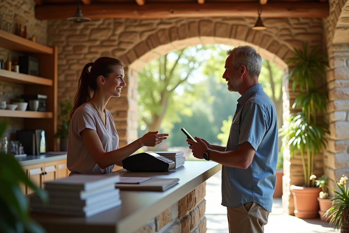 Homme payant à la réception d