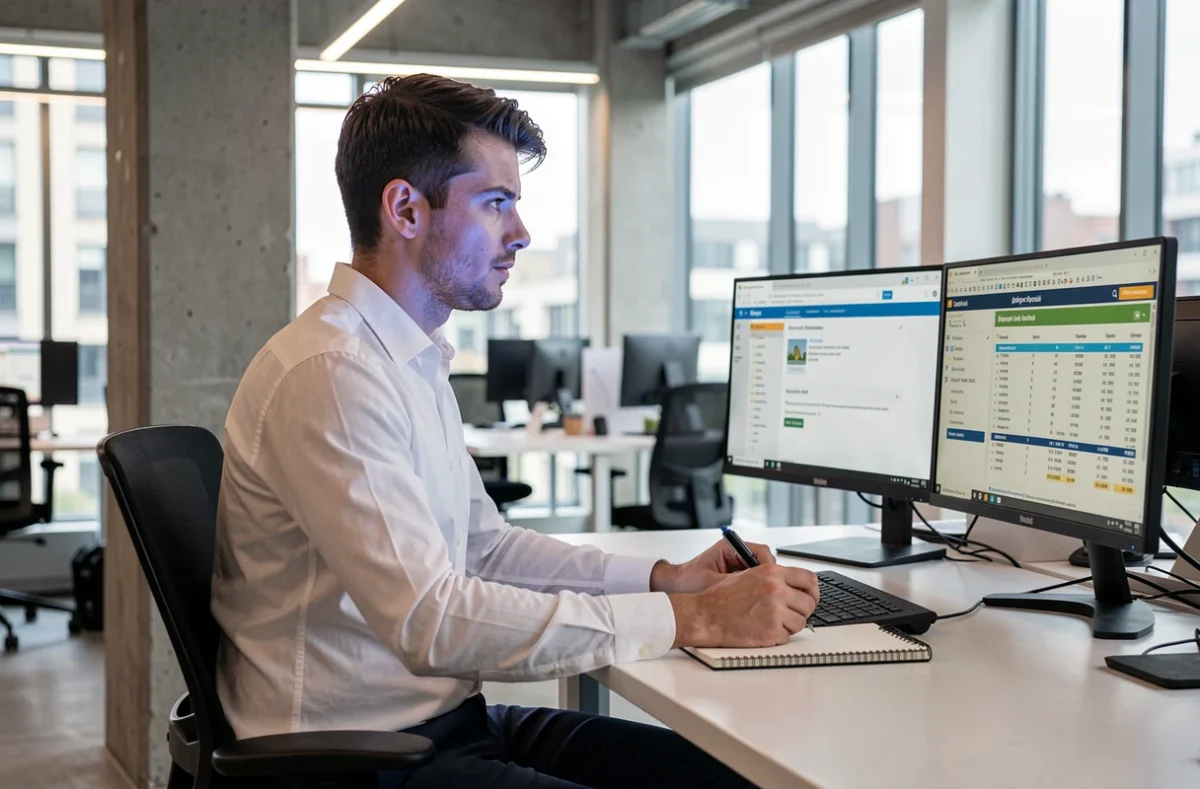 Urbaniste recherchant le propriétaire d'une parcelle bâtie via le cadastre en ligne sur ordinateur
