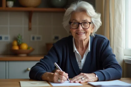 Femme d'âge mûr rédigeant une lettre de garant manuscrite à une table de cuisine en bois