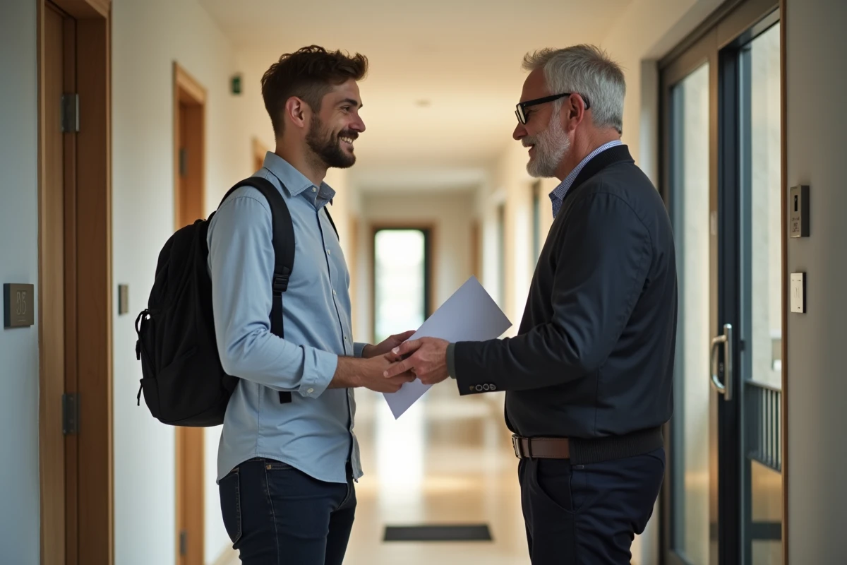 Étudiant et propriétaire discutant dans l