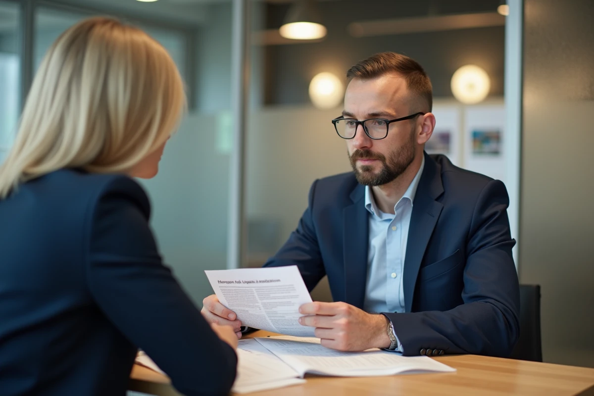 Homme en rendez-vous immobilier discutant des conditions d'éligibilité à la garantie locative Garantme avec un agent