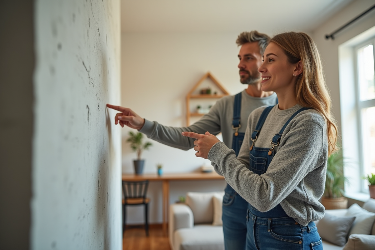 Jeune femme examine mur reparee avec un entrepreneur dans un salon