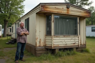 Homme examinant un ancien mobil-home usagé dans un camping, évaluant son état avant reprise