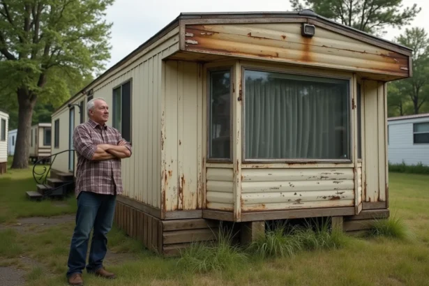 Homme examinant un ancien mobil-home usagé dans un camping, évaluant son état avant reprise
