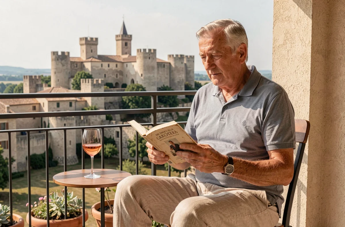 Retraité lisant sur un balcon avec vue sur la Cité de Carcassonne dans l'Aude, verre de rosé à portée de main