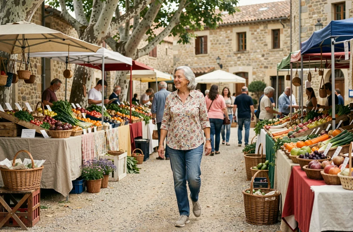 Retraitée souriante faisant ses courses au marché provençal d'un village de l'Aude par beau temps