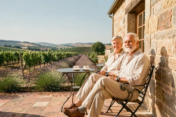 Couple de retraités profitant d'une terrasse en pierre d'une maison de campagne dans l'Aude, entourés de vignes et de lavande