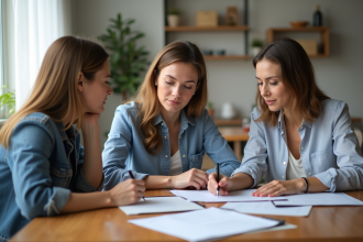 Trois adultes en réunion autour de documents immobiliers