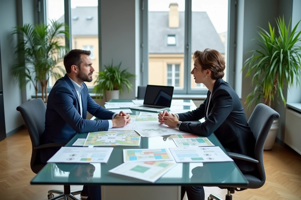 Deux professionnels discutant d'une stratégie d'investissement immobilier à distance autour d'une table de réunion avec des documents et une carte urbaine
