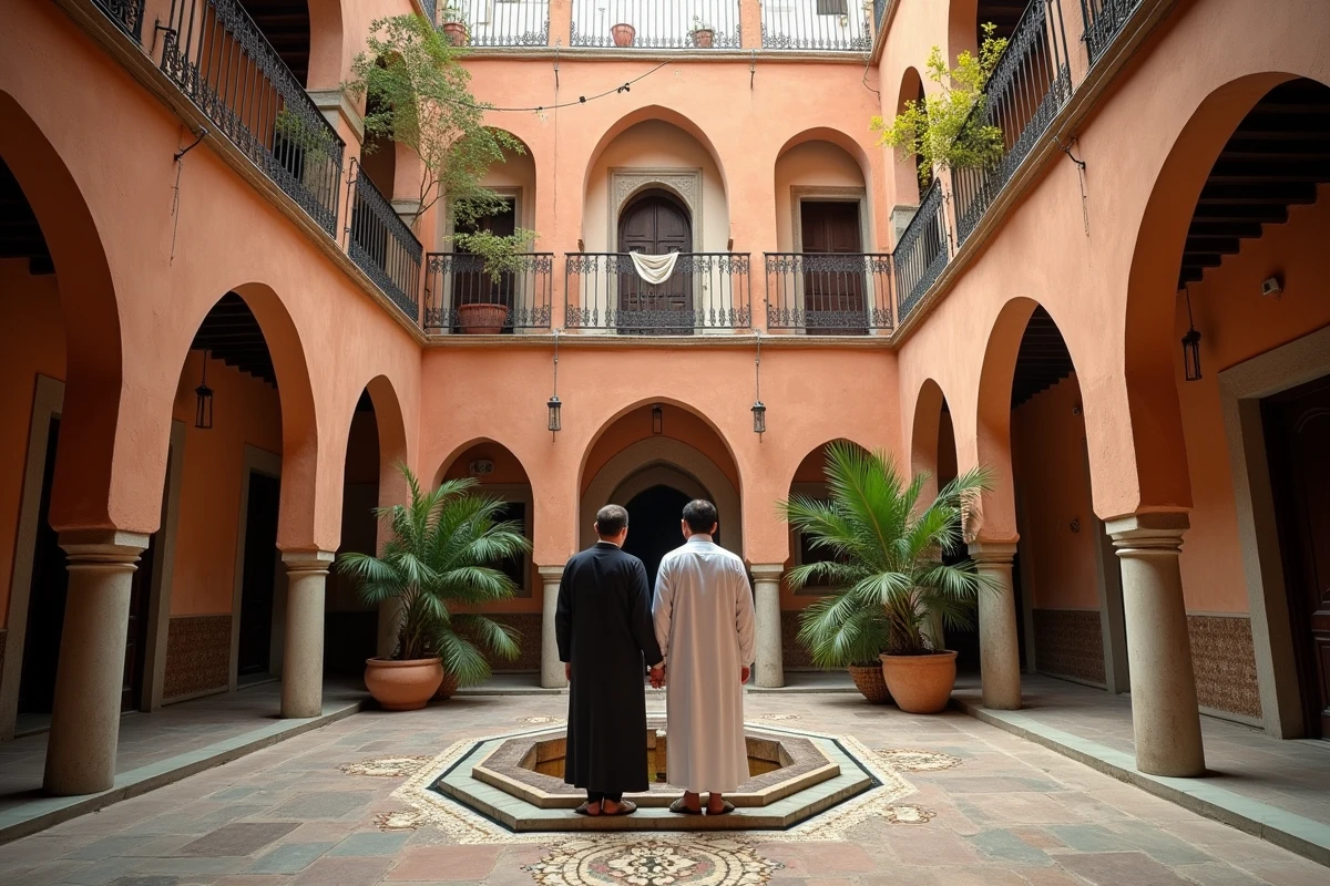 Intérieur d'un riad traditionnel dans la médina de Marrakech illustrant le contraste avec les appartements modernes de Guéliz