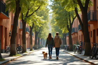 Couple se promenant dans une rue résidentielle du quartier Montaudran-Lespinet à Toulouse, avec des immeubles modernes et des maisons rénovées en arrière-plan