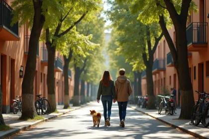 Couple se promenant dans une rue résidentielle du quartier Montaudran-Lespinet à Toulouse, avec des immeubles modernes et des maisons rénovées en arrière-plan