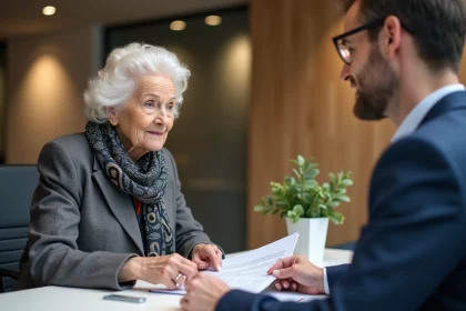 Femme senior consulte un conseiller bancaire moderne