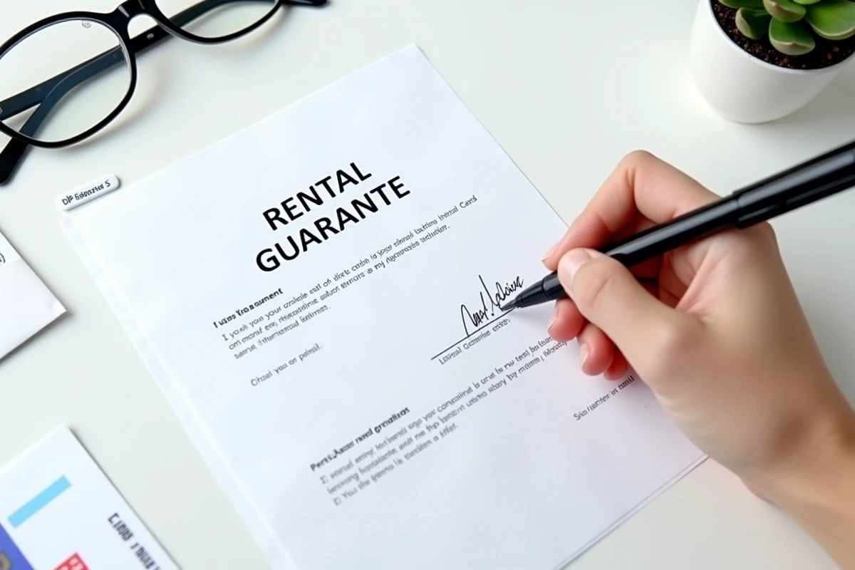 Vue de dessus d'une lettre de garant en cours de signature entourée de justificatifs de dossier locatif
