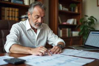 Marchand de bien analysant une simulation de TVA sur des documents financiers et un ordinateur portable dans un bureau professionnel