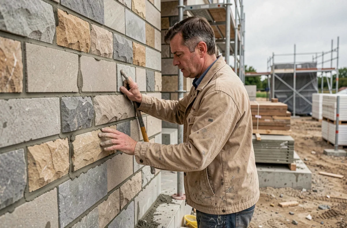 Artisan maçon de STD Maçonnerie inspecte un mur en pierre sur un chantier de construction dans la Loire