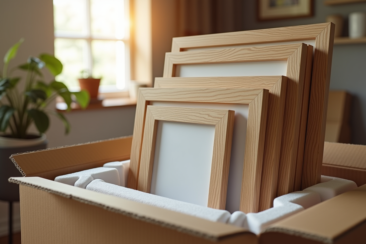 Plusieurs œuvres protégées empilées dans une boîte en carton