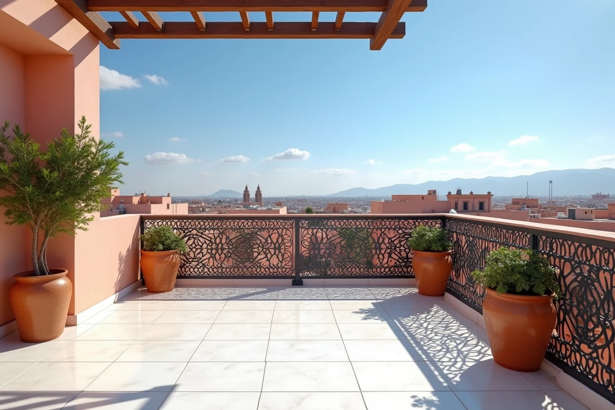 Terrasse rénovée d'un petit riad à Marrakech avec vue panoramique sur les toits de la médina et les montagnes de l'Atlas