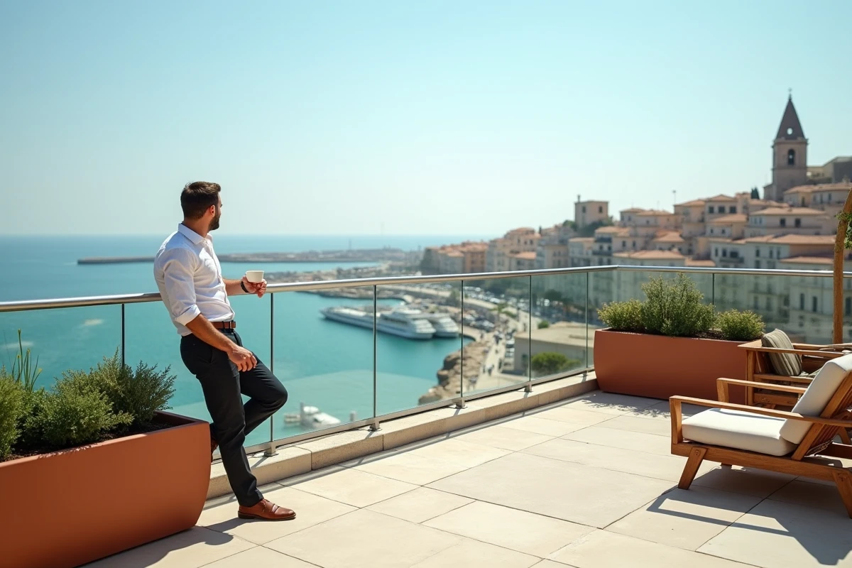 Terrasse de rooftop haut de gamme à Marseille avec vue panoramique sur le Vieux-Port et Notre-Dame de la Garde
