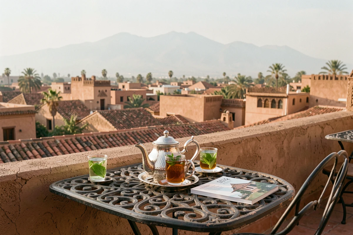 Terrasse d'une villa riad à Marrakech avec vue panoramique sur les toits de la médina et les montagnes de l'Atlas, pour investissement locatif