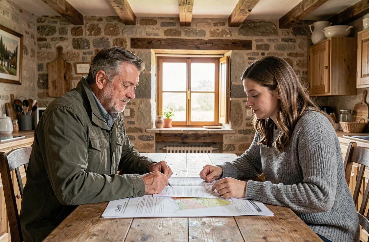 Père et fille consultant des documents de bail agricole et une carte cadastrale à une table de ferme, pour la transmission de terres agricoles familiales