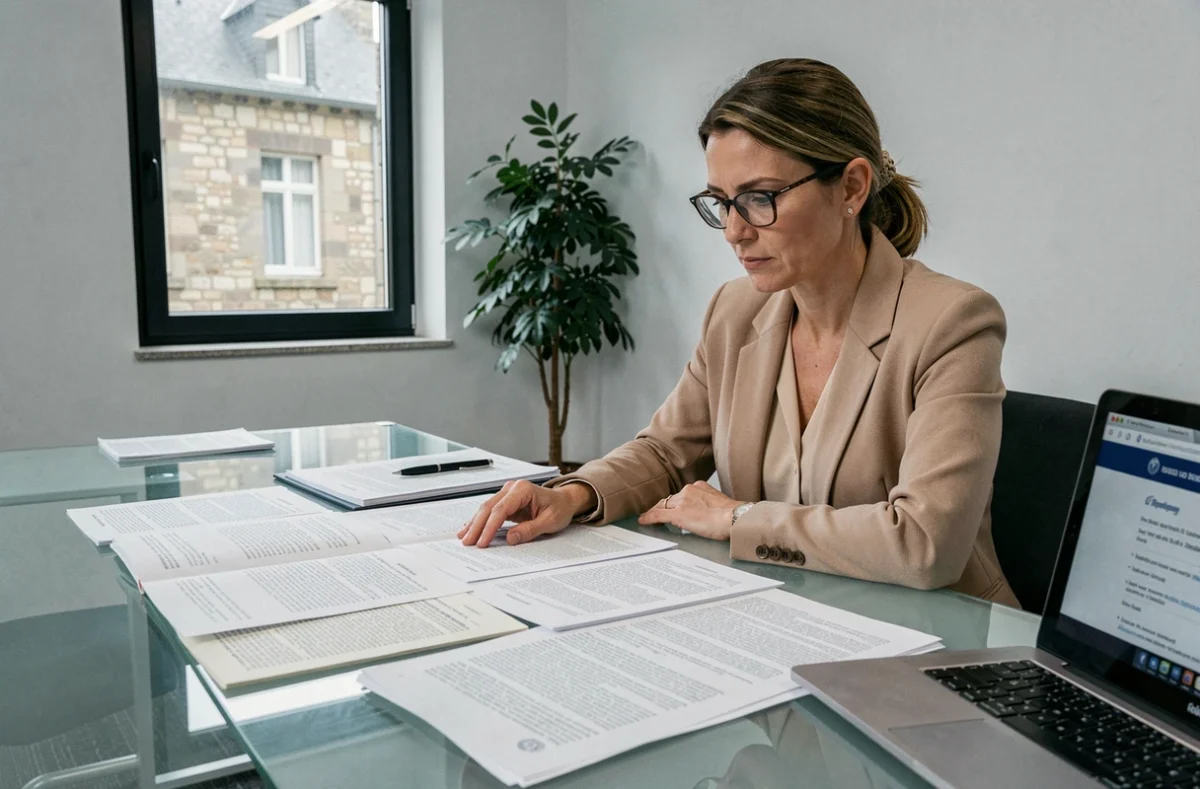 Femme vérifiant un acte notarié avant signature dans une salle de réunion à Limoges