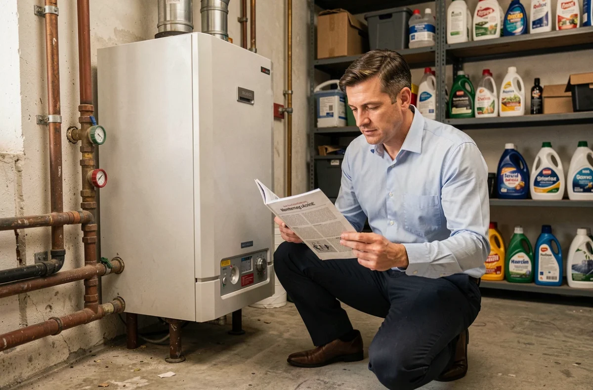 Homme vérifiant la chaudière avant un diagnostic de performance énergétique DPE