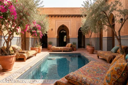 Cour intérieure d'une villa de luxe à Marrakech avec piscine en mosaïque et architecture marocaine traditionnelle, idéale pour location saisonnière